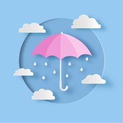 Pink umbrella with clouds and rain drops. Paper cut out style. Carving art. Vector illustration