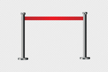 Realistic fencing for exclusive entrance or security zone. Silver barrier with red ribbon for VIP Presentation. Red rope for exhibition halls and car dealerships.