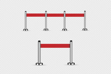 Realistic fencing for exclusive entrance or security zone. Silver barrier with red ribbon for VIP Presentation. Red rope for exhibition halls and car dealerships.
