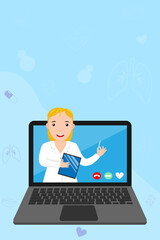 Doctor online on your laptop. Online medicine, consultation and diagnosis concept. Woman therapist via smartphone. Web banner for medical app. Ask doctor online. Help and support. Vector illustration.