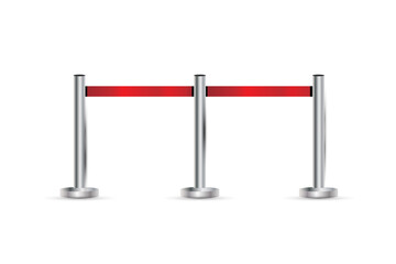 Realistic fencing for exclusive entrance or security zone. Silver barrier with red ribbon for VIP Presentation. Red rope for exhibition halls and car dealerships.