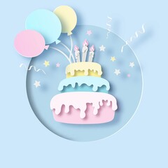 Birthday cake with cream, burning candles and balloons. Greeting card in paper cut out style. Carving art. Vector illustration, pastel colors 