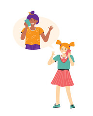 Girlfriends talking on smartphone. Phone conversation. Two teenage girls calling by telephone. Female cartoon characters. Children friends have fun communicating. Social distance. Vector illustration.