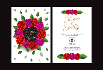 Wedding invitation set of card with red flowers rose