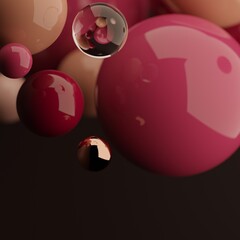 Bright abstract background with colorful glossy spheres on black. 3d render template illustration.