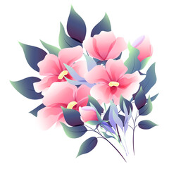 Bouquet of pink flowers and leaves. Set of flower branches. Floral poster, invite, wedding. Vector watercolor composition for greeting card or invitation design.