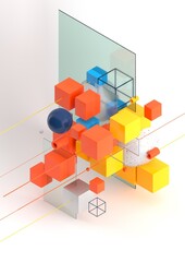 Abstract 3d render visualization background, template modern composition of geometric shapes in isometric . Cube, sphere, cylinder, line.