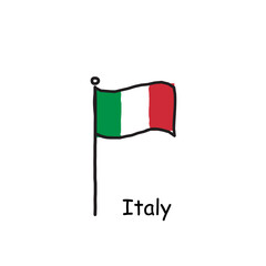 hand drawn sketchy Italy flag on the flag pole. three color flag . Stock Vector illustration isolated on white background.