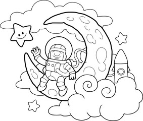 Cartoon funny astronaut sitting on the moon coloring book