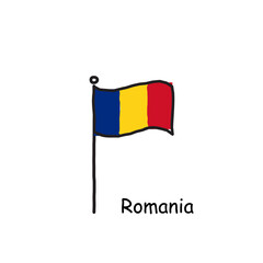 hand drawn sketchy Romania flag on the flag pole. three color flag . Stock Vector illustration isolated on white background.