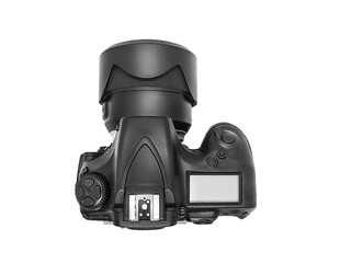 professional Dslr digital photo camera with huge wide angle lens isolated on white top view