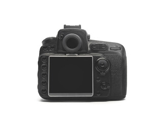Rear view of a black digital camera isolated on a white background.