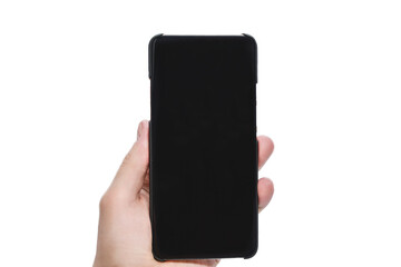 Hand holding mobile smart phone with blank screen, isolated on white background. Copy space for advertisement of mobile app, mockup