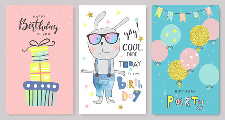 Happy birthday greeting cards and party invitation templates, hand drawn style.Vector illustration.