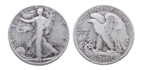 Silver walking liberty 1945 half dollar isolated on white background