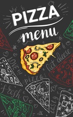 Pizza Menu. Vertical flyer / card with hand-drawn slices of pizza