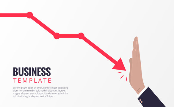 Costs reduction, costs cut, costs optimization, cost crisis financial business concept. Big hand of businessman with descending curve or arrow. vector illustration