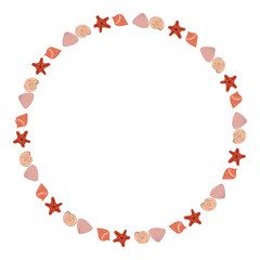 Round frame with creative sea shells on white background. Vector image.
