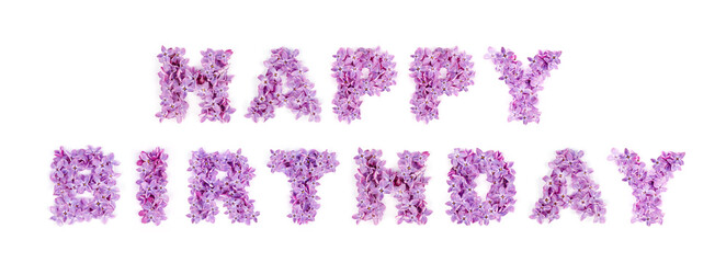 Happy Birthday - The text is made up of lilac flowers. Congratulation, header, postcard.