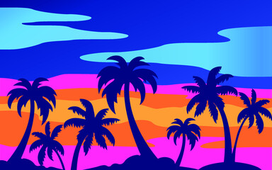 Fototapeta na wymiar Palm tree sunset vector silhouette.Beautiful scenery of island.