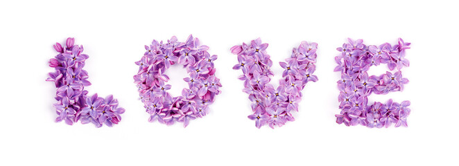 Love - The text is made up of lilac flowers. Congratulation, header, postcard.