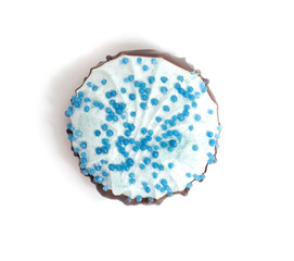 Blue coconut marshmallows with chocolate on a white background, isolate, delicious