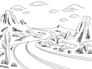 Prairie road graphic black white landscape sketch illustration vector