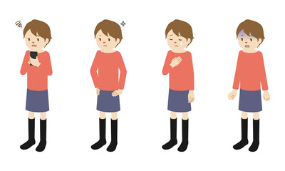 Illustration set of 4 poses of female character standing