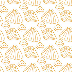Seamless pattern with yellow sea shells on white background. Vector image.