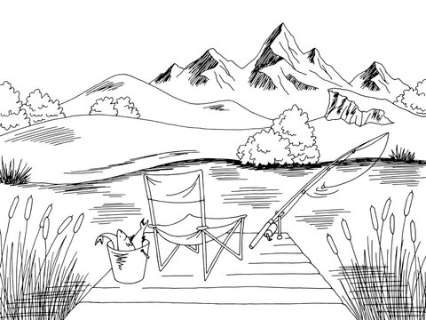 Fishing graphic black white landscape sketch illustration vector