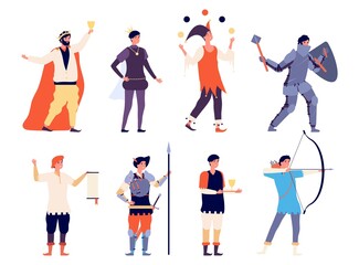 Male medieval characters. Flat king, prince jester knight. Isolated books or fairy tales heroes, historical men vector set. Jester medieval, fairytale historical illustration