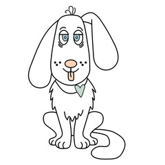 A cute, white dog is a boy with his tongue hanging out and a blue heart. Contour illustration