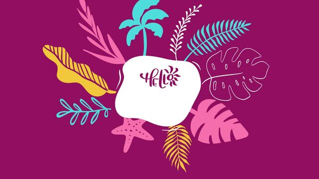 Travel animation greeting card with text Hello Summer. Sea shells, palm tree and leaves in flat video motion. Scandinavian hand drawn nature design