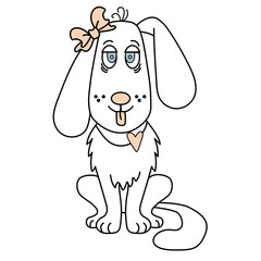Cute white dog girl with bow and tongue and heart sticking out. Contour illustration