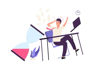 Business fail. Unorganized office worker. Tired sad manager flat character. Deadline metaphor, inefficiency productivity man vector. Office business worker, employee at desk paperwork illustration
