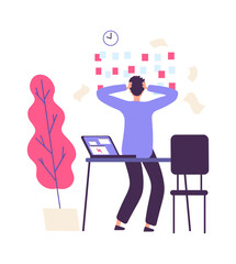 Deadline and manager. Unorganized working process. Flat style man at work in office lot tasks. Business schedule fail and upset guy vector illustration. Deadline work, manager business office worker
