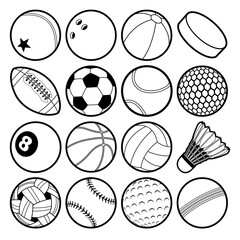 Bowling, Football, Badminton, Softball, Baseball, Basketball, Hockey, Ping Pong, Rugby, Tennis, Pool, Goft, Soccer Sport Balls vector illustration set