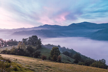 Landscape of an amazing dawn at the countryside of Asturias at the north of Spain