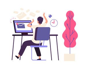 Inefficient time management. Administrator receives lot of messages. Busy man, operator or manager flat character. Info e-mail, deadline vector. Illustration irresponsible inefficient management