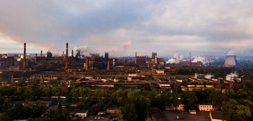 industry metallurgical plant dawn smoke smog emissions bad ecology aerial photography