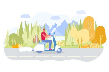 Courier Riding on Road on Scooter with Parcels.