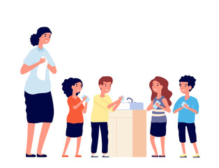 Obraz premium Children washing hands. School kids clean dirty hand in sink. Virus or germs protecting, woman girls and boys hygiene vector illustration. Child hygiene with soap, kids wash hands
