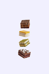 Composition of hands and cakes. Delicate hands and delicious cakes. Cakes floating in the air. Sorcery and magic, levitation