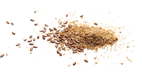 Milled flaxseed, linseed pile isolated on white background