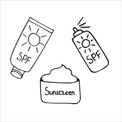 Skin care. Sun Protection on beach and seaside on summer. Sunscreen cream and spray tube icon. Hand drawn illustration in Doodle style. Vector illustration