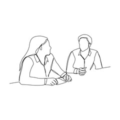 Continuous line drawing of two employee man and woman discussion work. vector illustration