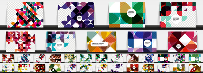 Set of horizontal A4 business flyer annual report templates, circle and triangle shapes modern geometric designs