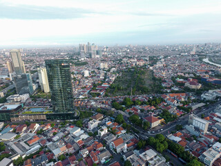 Fototapeta na wymiar Jakarta Indonesia - June 3, 2020 : Aerial view from Jakarta, BNI Tower Jakarta Urban City of Indonesia. Cityscape Indonesia, Landmark of Jakarta