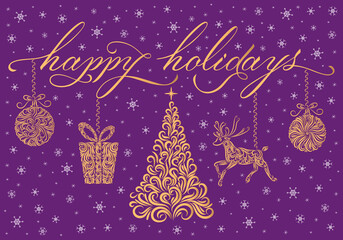 Christmas decoration: happy holidays lettering, tree, reindeer, Christmas ball, gift, snowflakes. Line ornate drawing. Vector illustration Gold and purple color