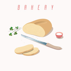 Vector illustration of bread, knife and salt.